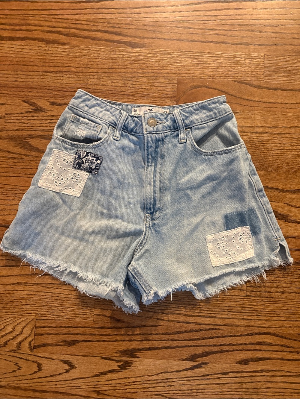 Hollister Light Blue Denim Shorts with Lace Patch Accents
